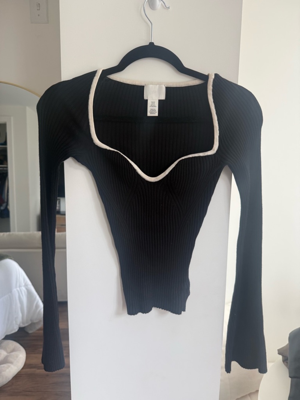 H&M Black Ribbed Long Sleeve Top with Cream Trim